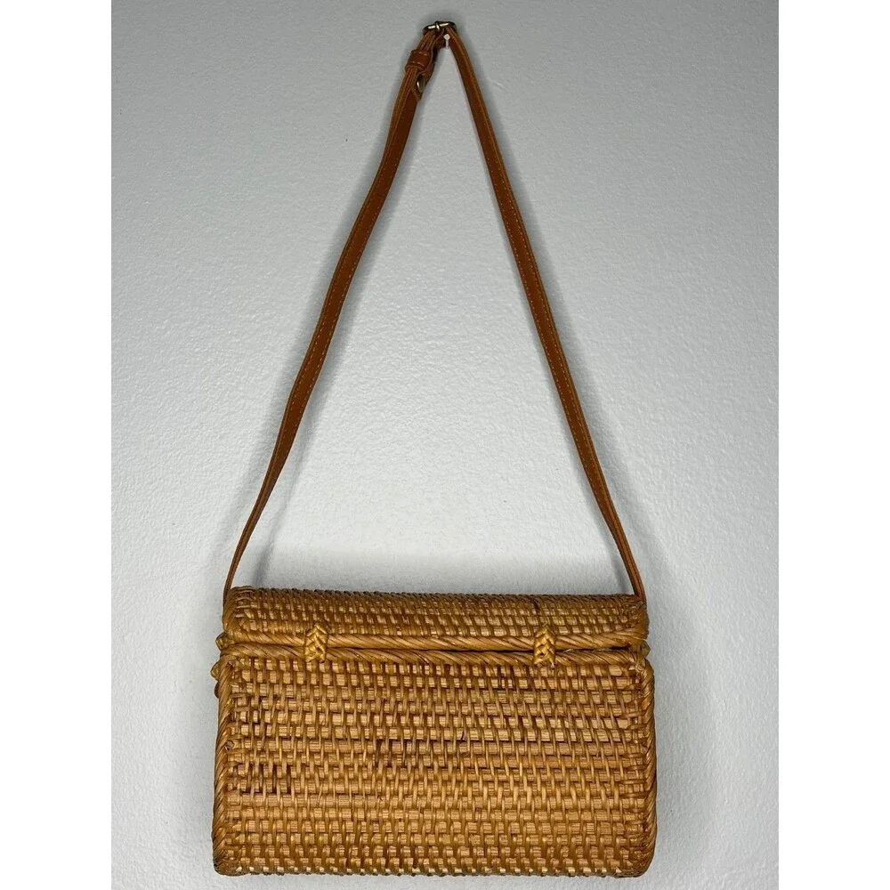 Handwoven Rattan Shoulder Leather Strap Floral Lined Bag
